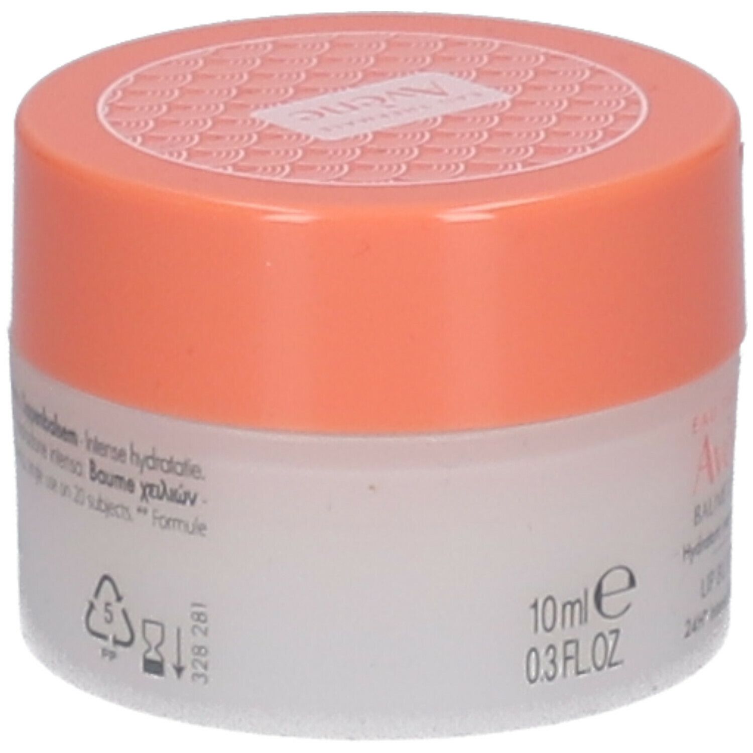 Avène lippenbalsem potje. Wit glas, oranje deksel. Opschrift: Avène, Baume Lèvres, 10ml, 0.3 fl oz.