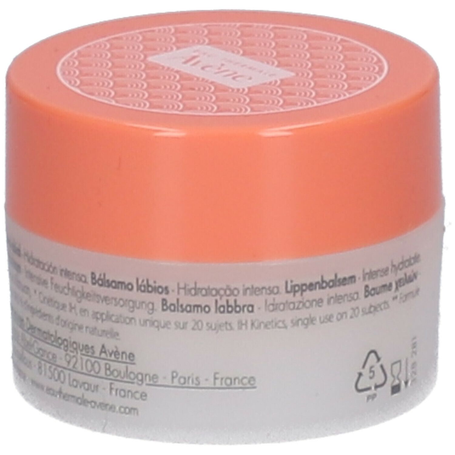Avène lippenbalsem potje. Wit glas, oranje deksel. Opschrift: Avène, Baume Lèvres, 10ml, 0.3 fl oz. Tekst op achterkant.