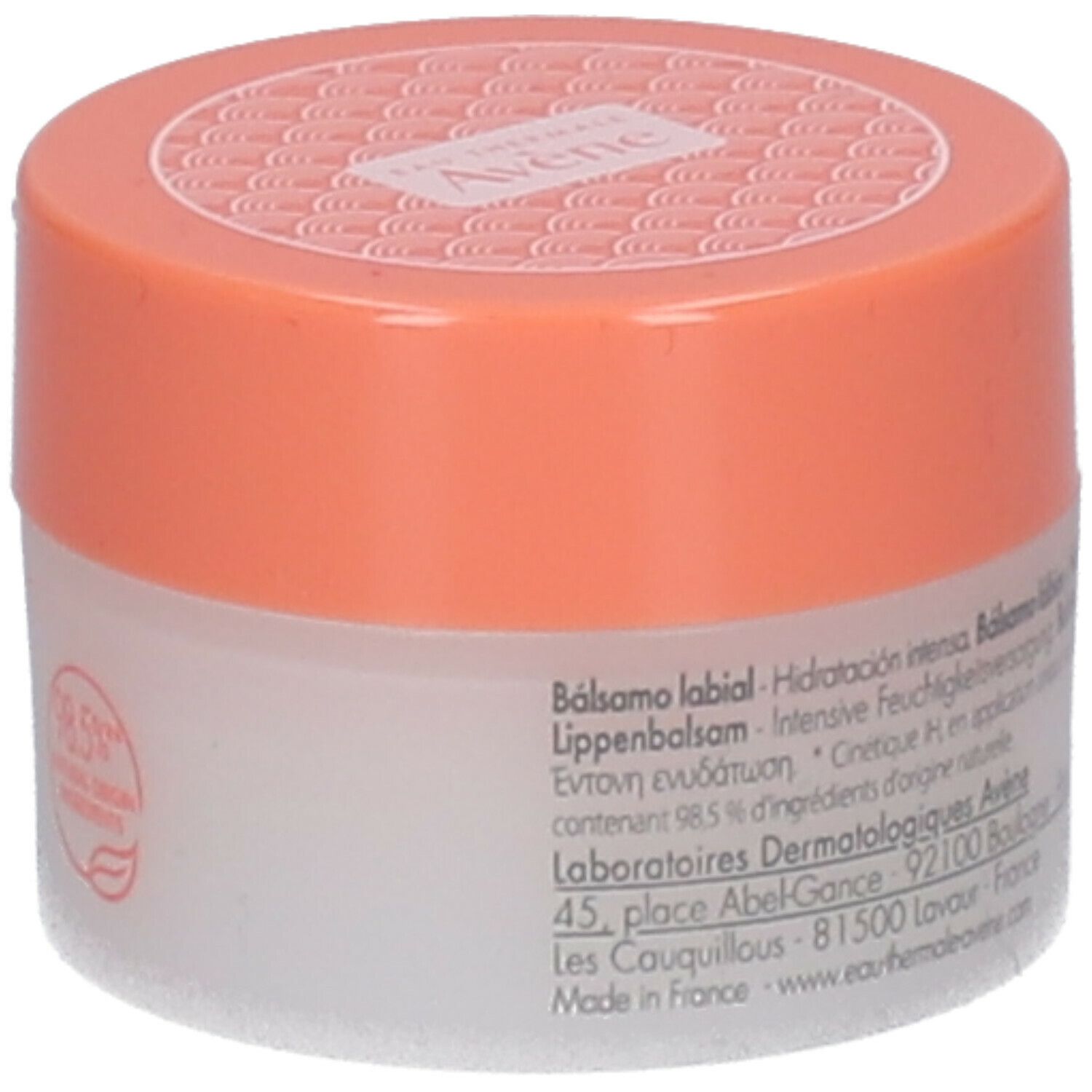 Avène lippenbalsem potje. Wit glas, oranje deksel. Opschrift: Avène, Baume Lèvres, 10ml, 0.3 fl oz. Tekst op achterkant.