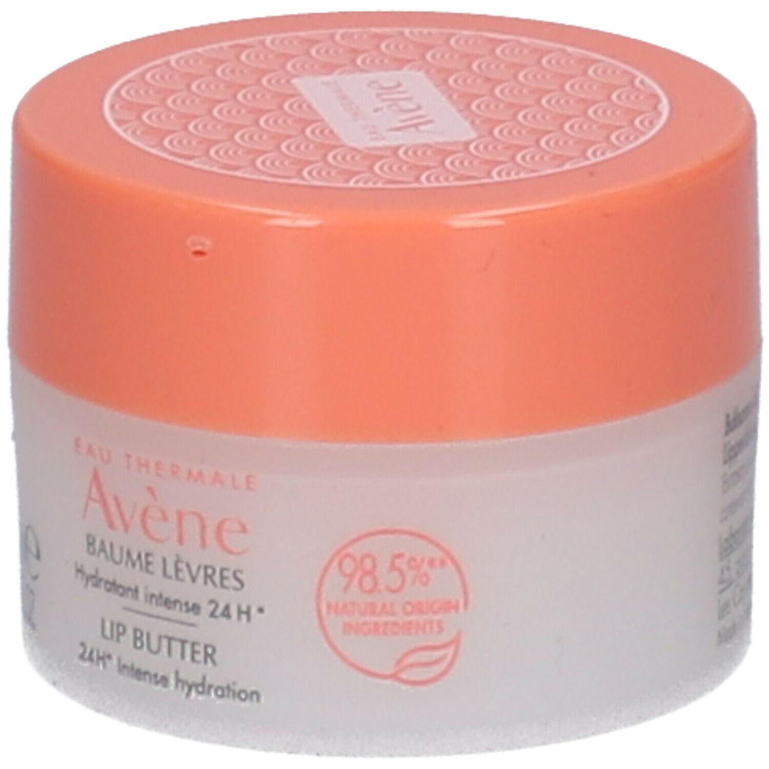 Avène lippenbalsem potje. Wit glas, oranje deksel. Opschrift: Avène, Baume Lèvres, Lip Butter, 98,5% natuurlijke ingrediënten.