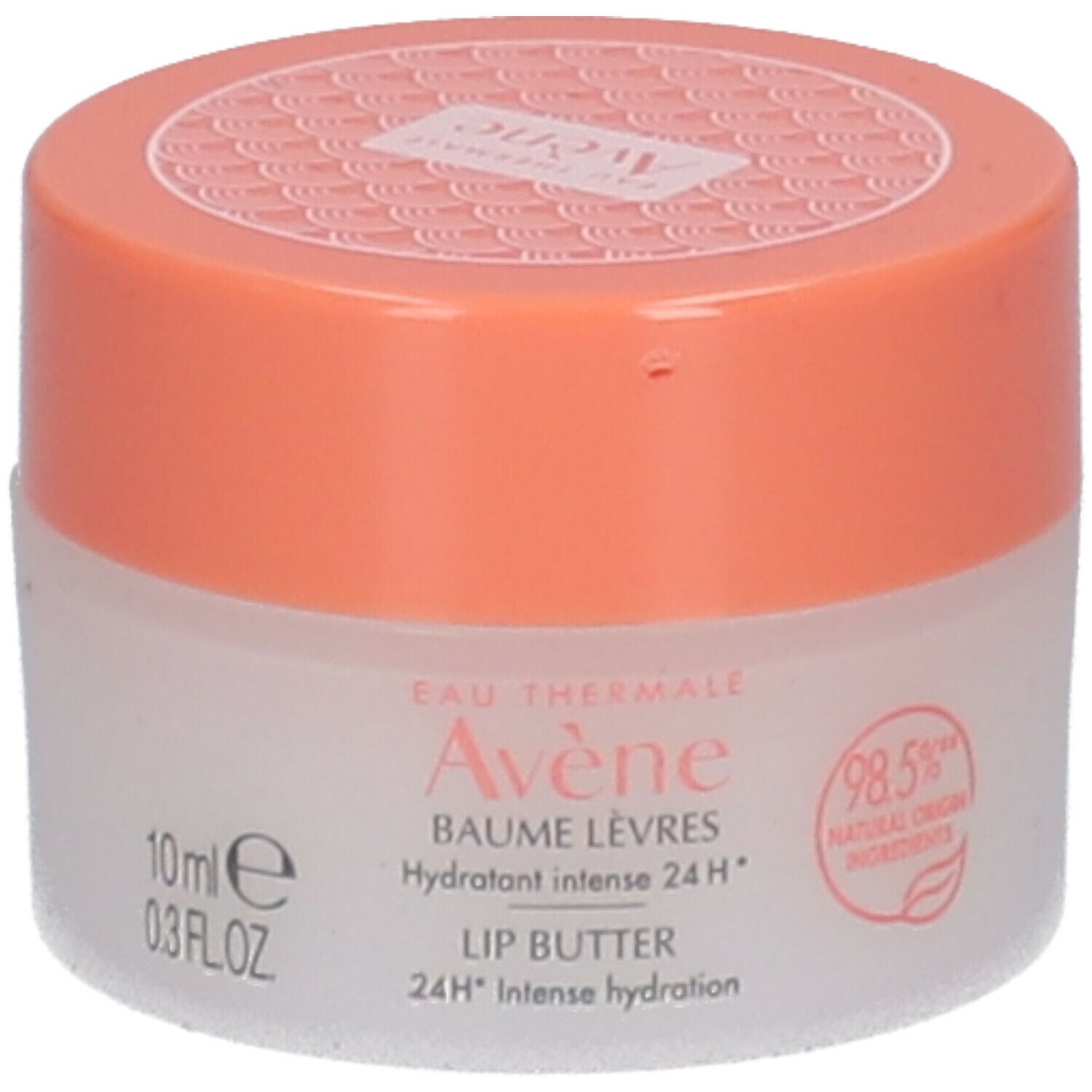 Avène lippenbalsem potje. Wit glas, oranje deksel. Opschrift: Avène, Baume Lèvres, Lip Butter, 98,5% natuurlijke ingrediënten.