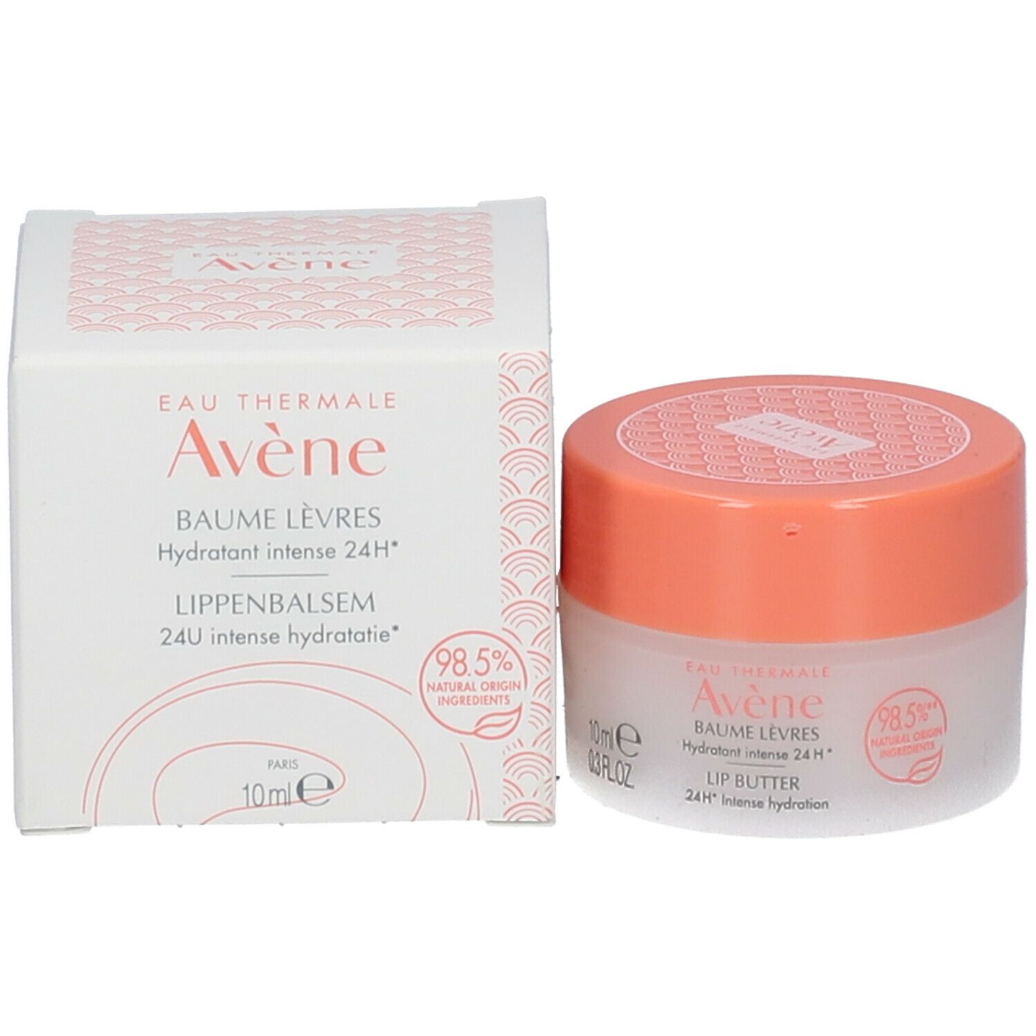 Avène lippenbalsem potje en doosje. Potje: wit glas, oranje deksel. Doosje: wit, opschrift: Avène, Baume Lèvres, 10ml.