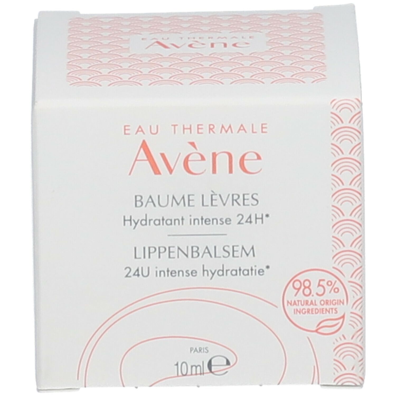 Witte doos. Opschrift: Avène, Baume Lèvres, lippenbalsem, 10ml. Met 98,5% natuurlijke ingrediënten.