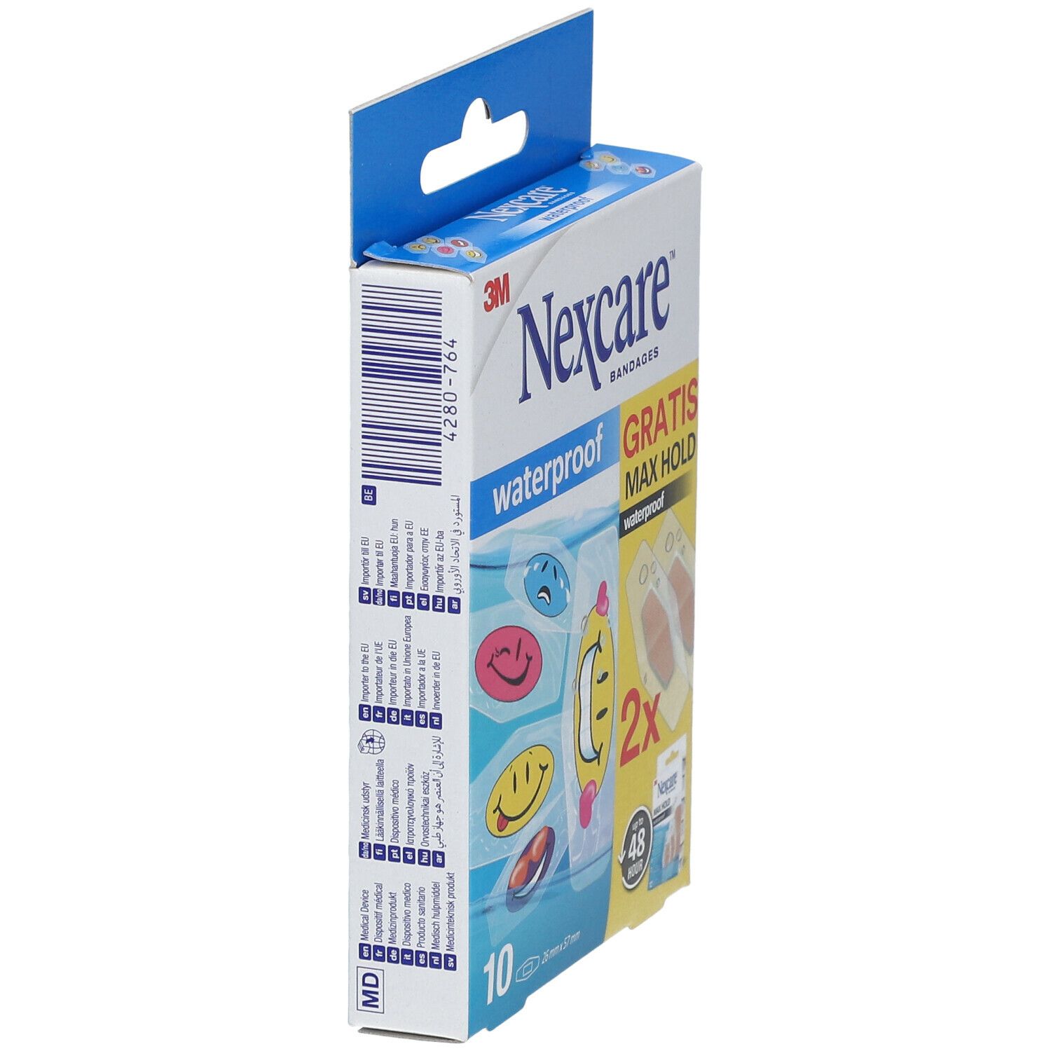 Seitenansicht der Verpackung mit 10 wasserfesten Pflastern. Marke: Nexcare. Enthält 2 Gratis-Pflaster. Mit bunten Motiven.