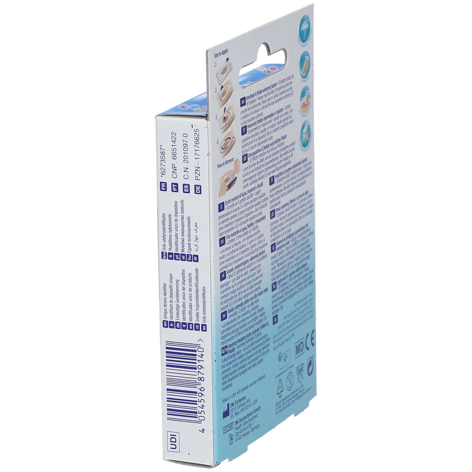 Seitenansicht der Verpackung mit Informationen. Barcode und CE-Kennzeichnung. Marke: Nexcare.