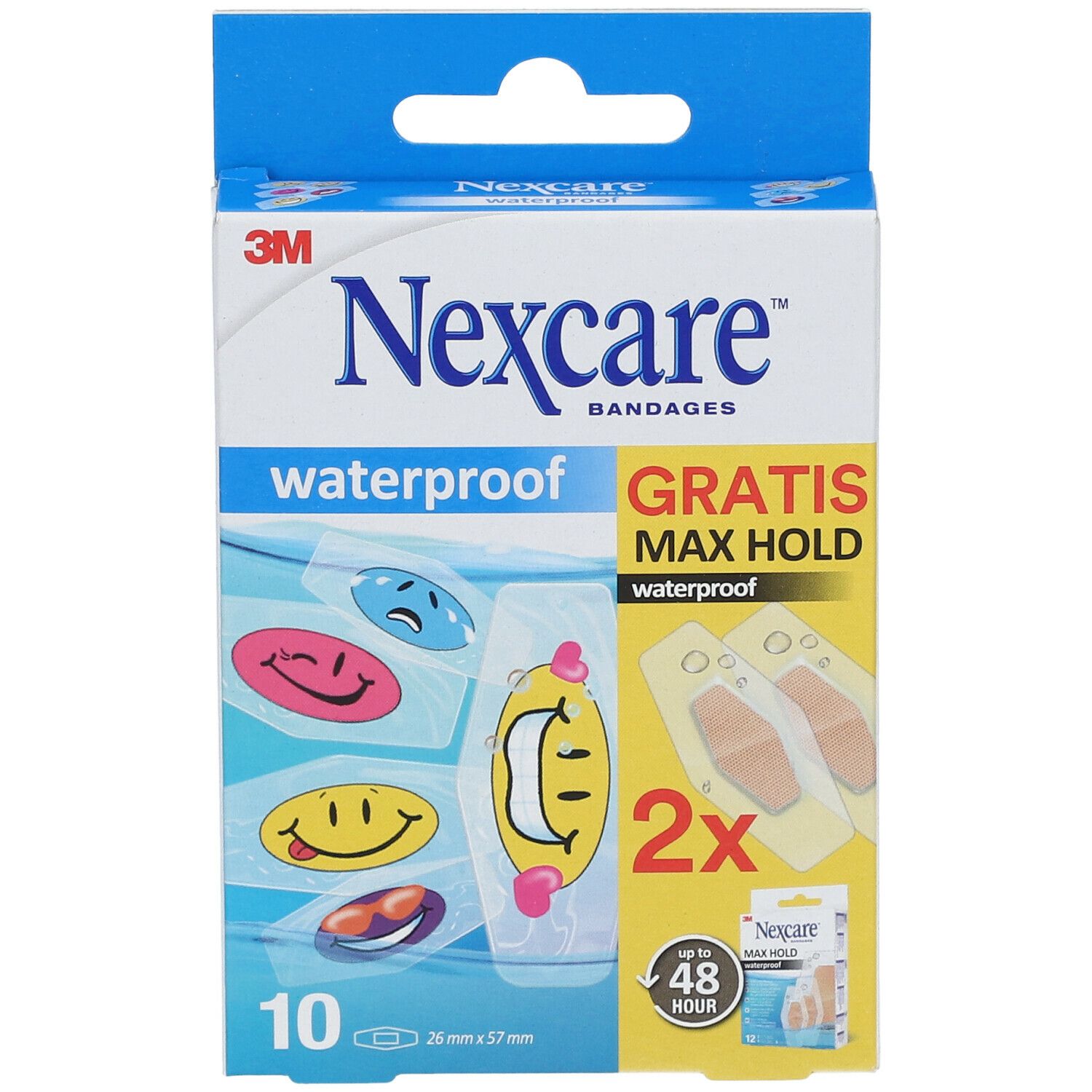 Vorderansicht der Verpackung mit 10 wasserfesten Pflastern. Marke: Nexcare. Enthält 2 Gratis-Pflaster. Mit bunten Motiven.