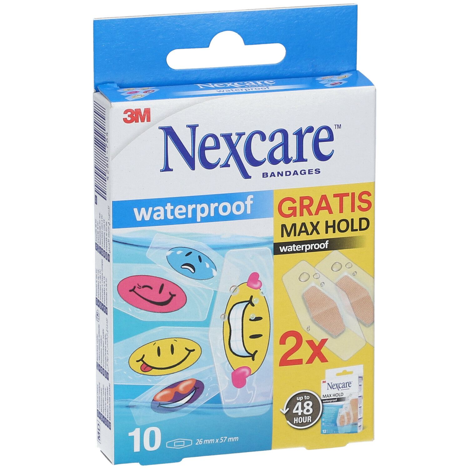 Verpackung mit 10 wasserfesten Pflastern. Marke: Nexcare. Enthält 2 Gratis-Pflaster. Mit bunten Motiven. Größe: 26 mm x 57 mm.