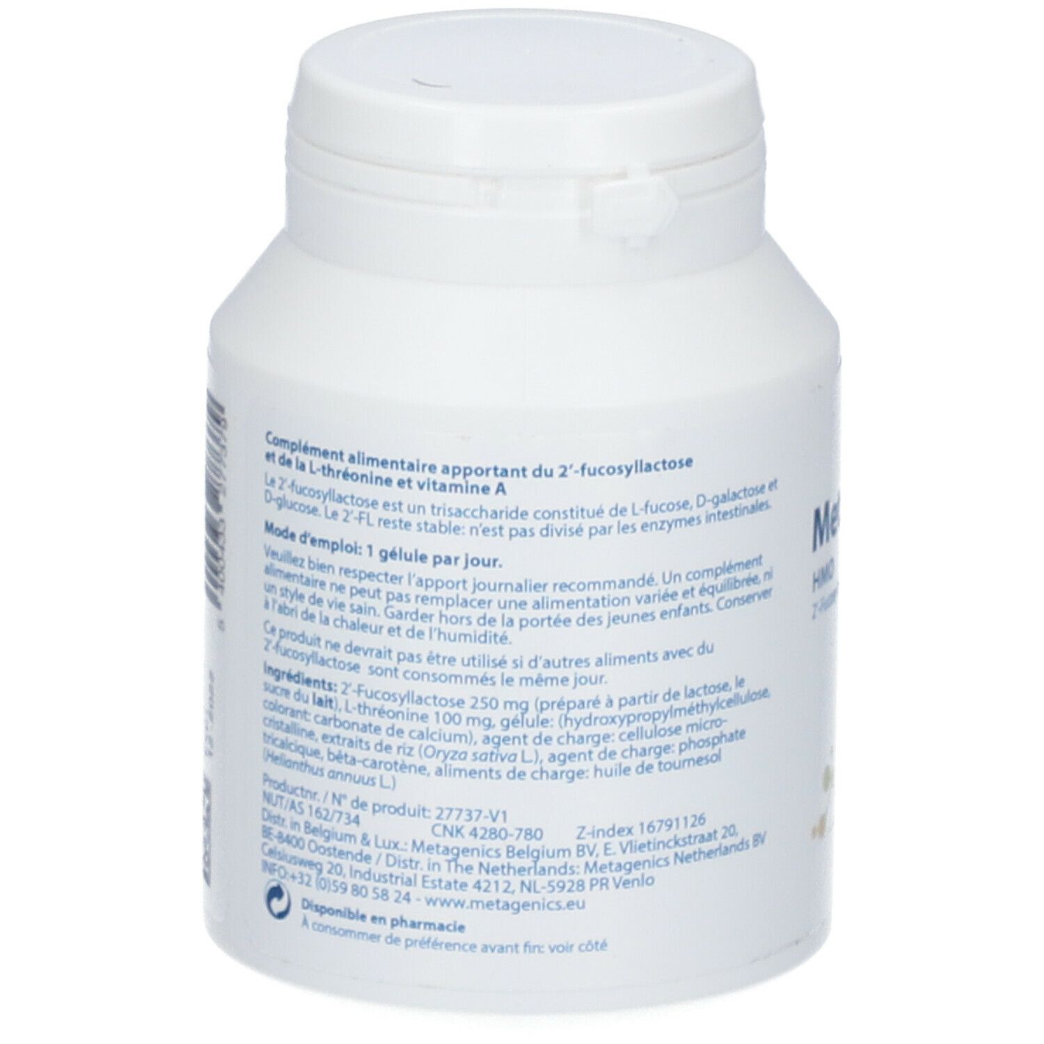 Achterkant witte fles MetaFucose® HMO. Tekst met ingrediënten en gebruiksaanwijzing in meerdere talen.