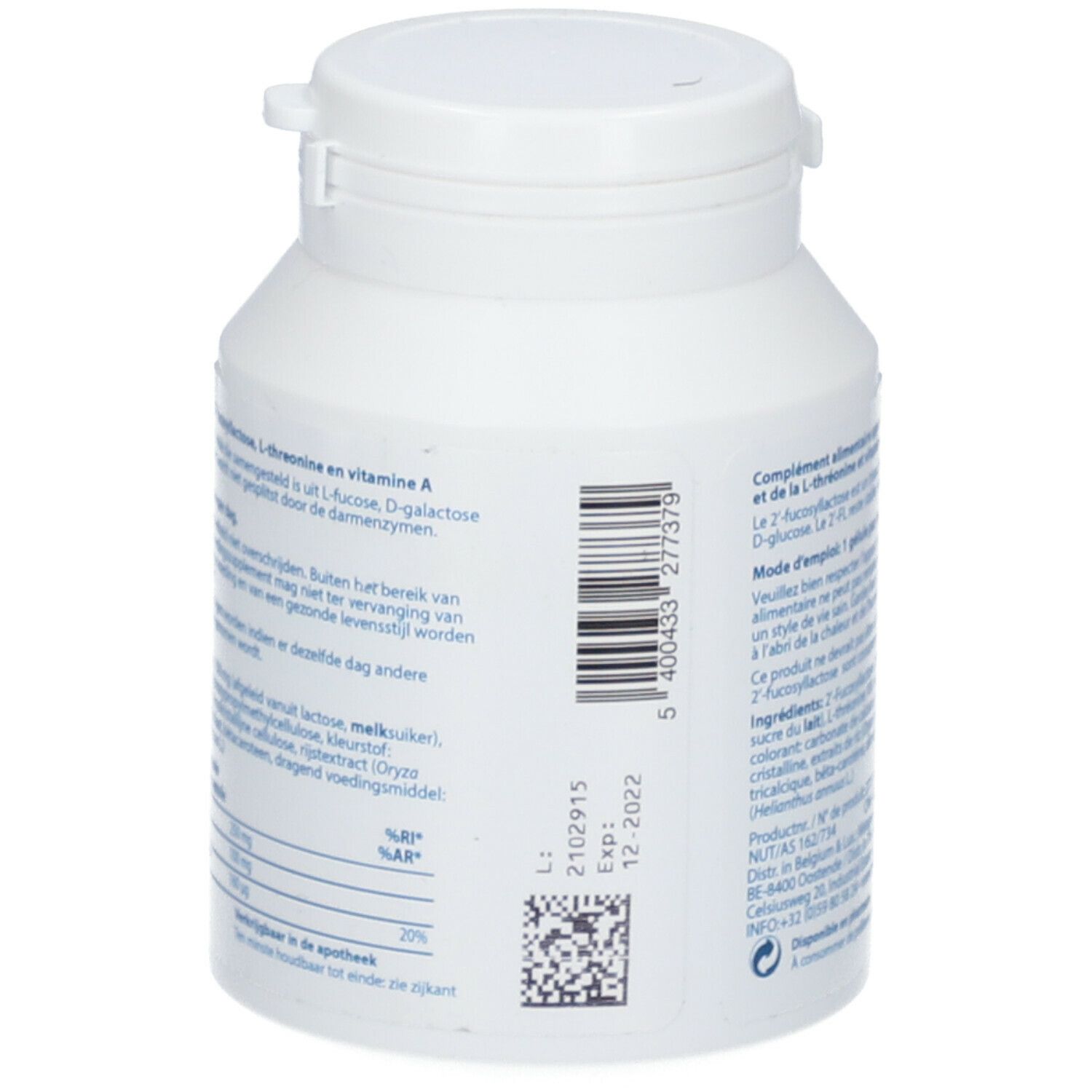 Achterkant witte fles MetaFucose® HMO. Tekst met ingrediënten en vervaldatum. Barcode.