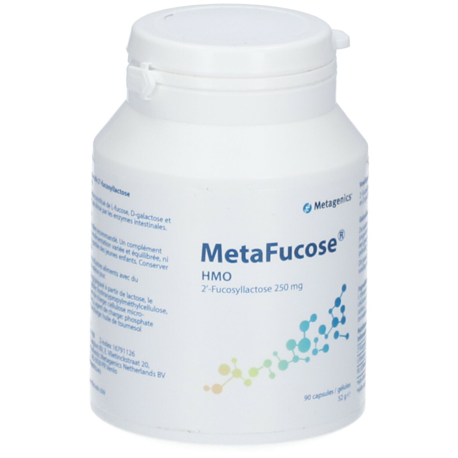 Witte fles MetaFucose® HMO. Opschrift: 2-fucosyllactose 250 mg. 90 capsules. Merk: Metagenics.