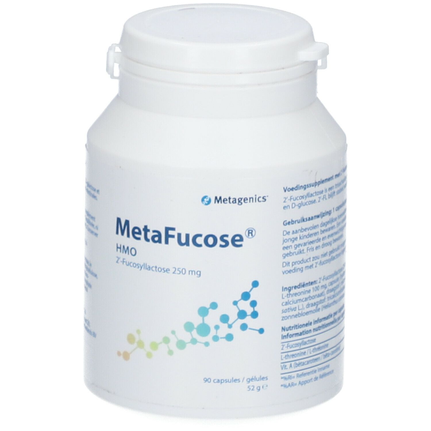 Witte fles MetaFucose® HMO. Opschrift: 2-fucosyllactose 250 mg. 90 capsules. Merk: Metagenics.