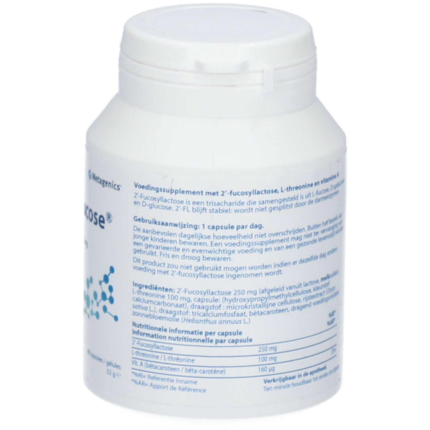 Achterkant witte fles MetaFucose® HMO. Tekst met ingrediënten en voedingswaarde per capsule.