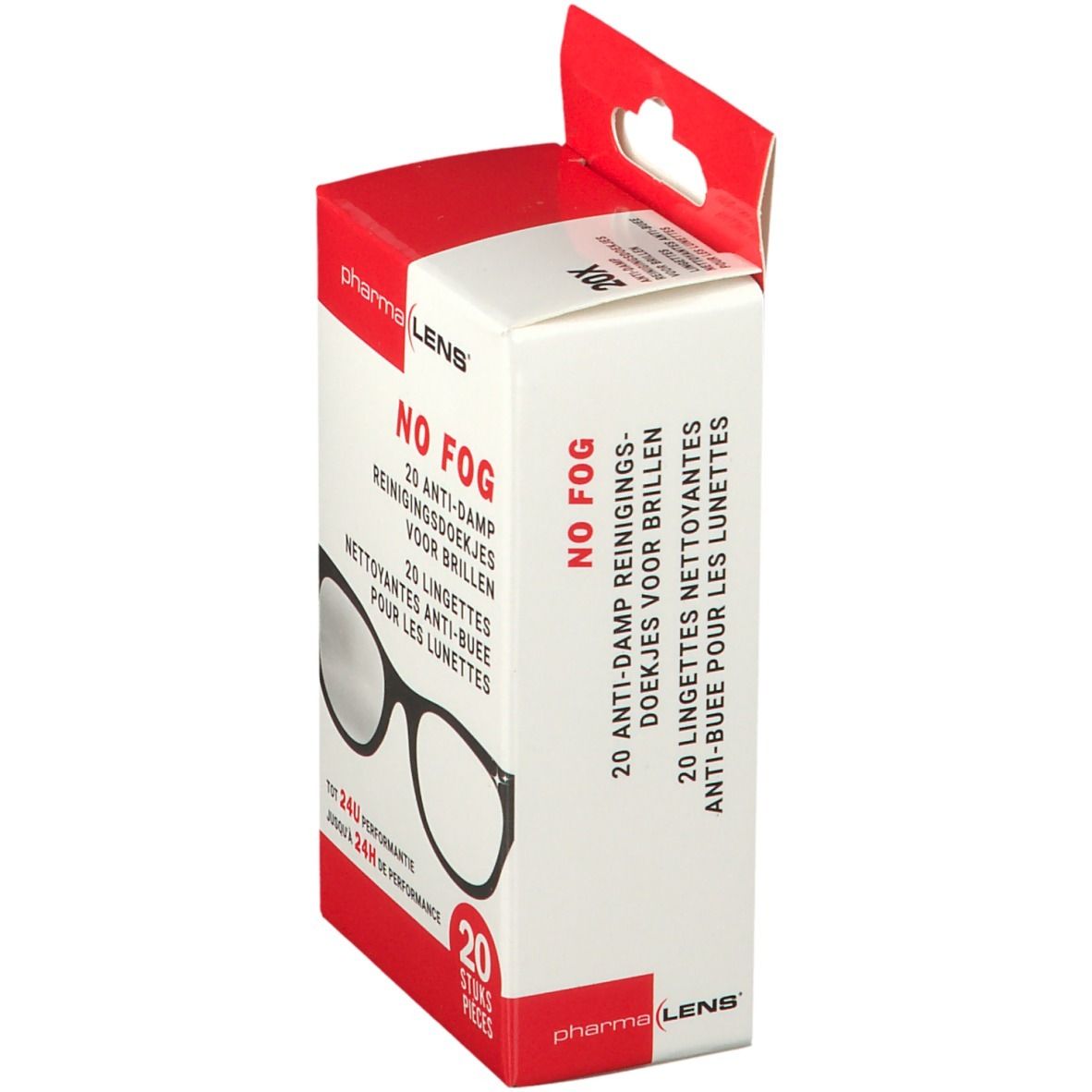 Zijaanzicht van het doosje Pharma LENS® anti-damp reinigingsdoekjes. Opschrift: NO FOG, voor brillen. Bevat 20 stuks.