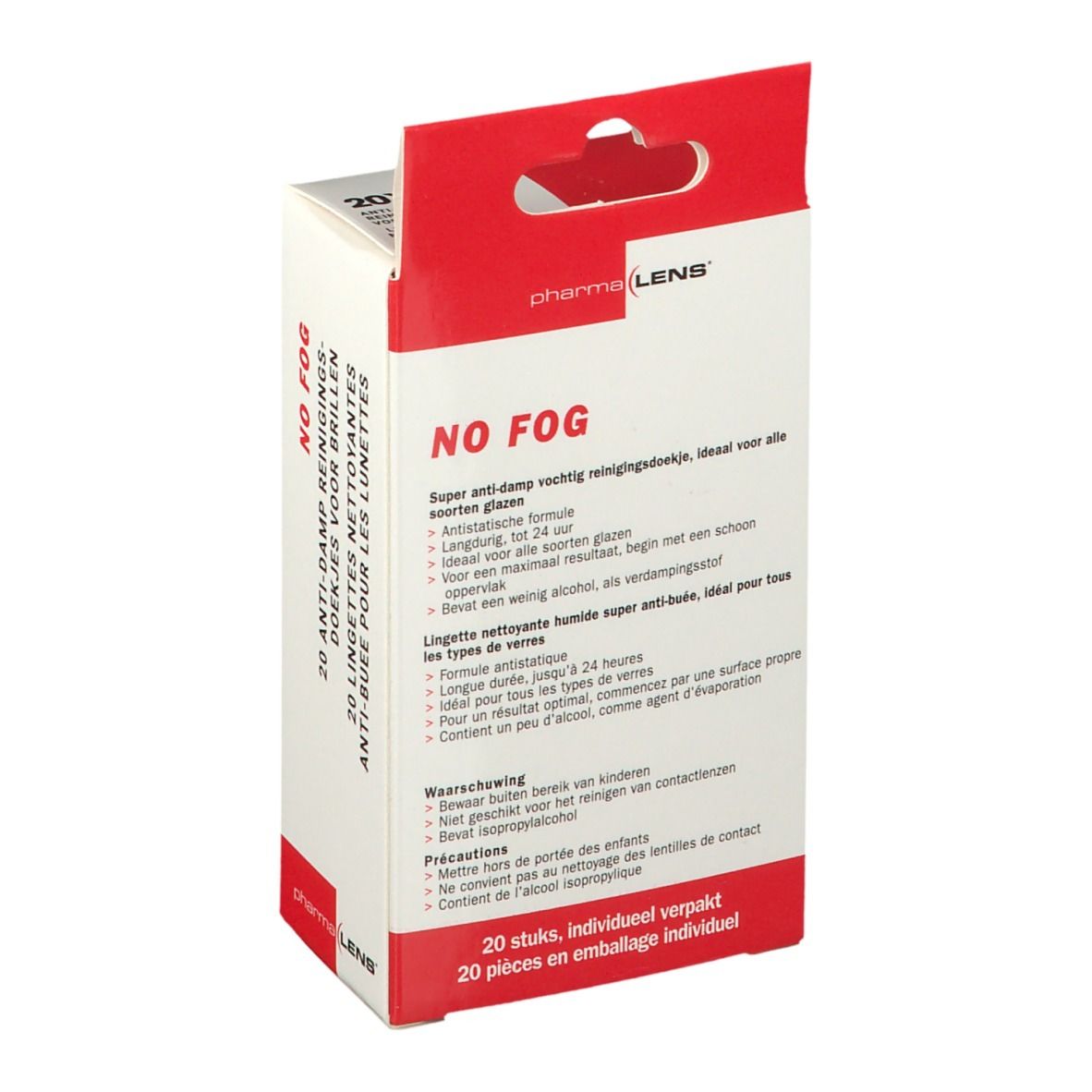 Achterkant van het doosje Pharma LENS® anti-damp reinigingsdoekjes. Tekst: NO FOG, voor brillen. 20 individueel verpakte doekjes.