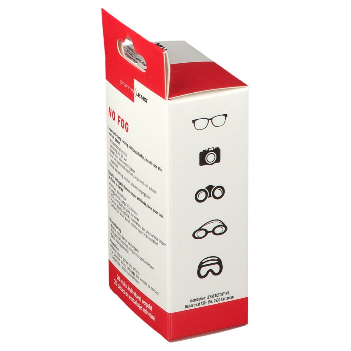 Zijaanzicht van het doosje Pharma LENS® anti-damp reinigingsdoekjes. Opschrift: NO FOG, voor brillen. 20 stuks.
