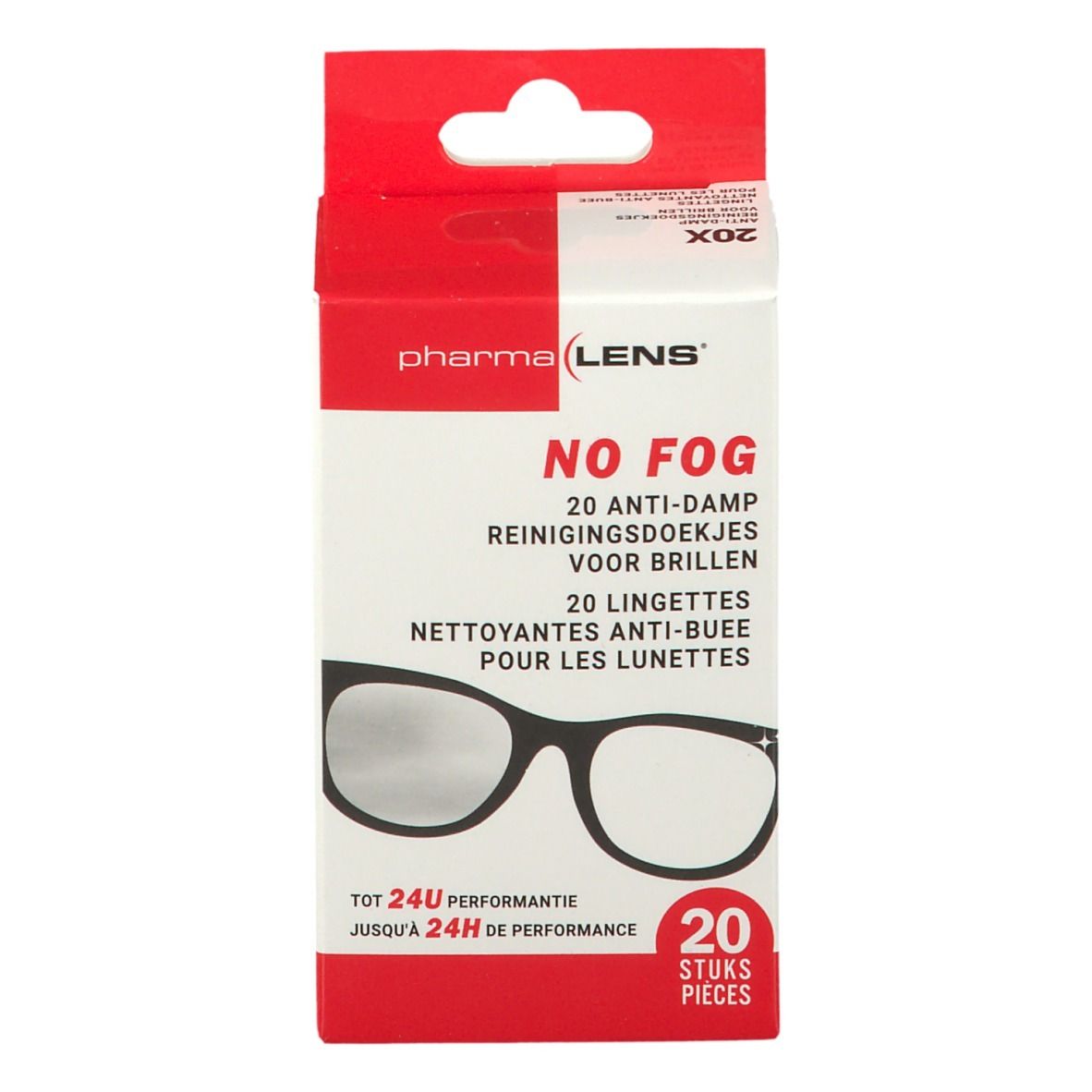 Doosje Pharma LENS® anti-damp reinigingsdoekjes. Bevat 20 stuks. Opschrift: NO FOG, voor brillen. Prestatie tot 24 uur.