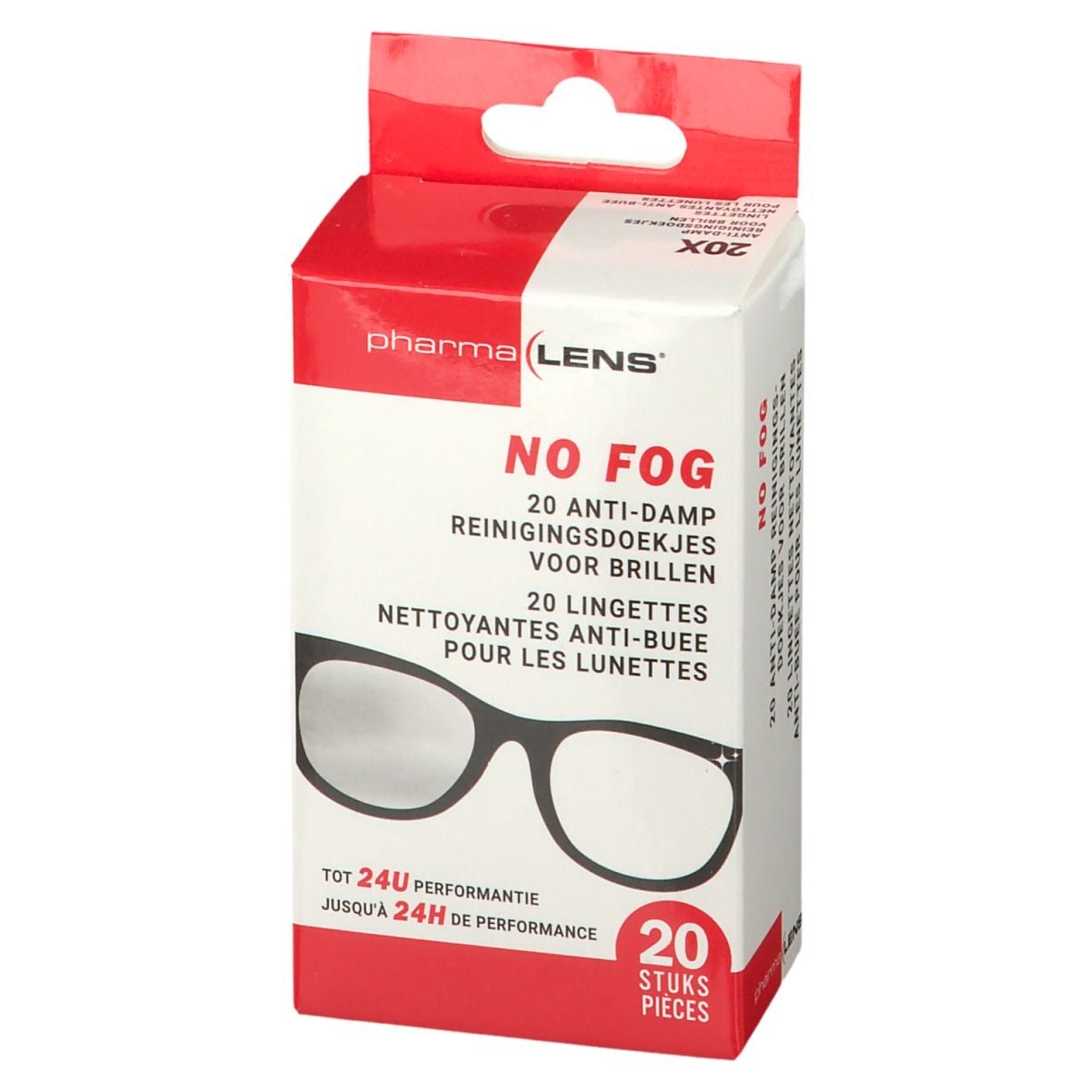 Doosje Pharma LENS® anti-damp reinigingsdoekjes. Bevat 20 stuks. Opschrift: NO FOG, voor brillen. Prestatie tot 24 uur.