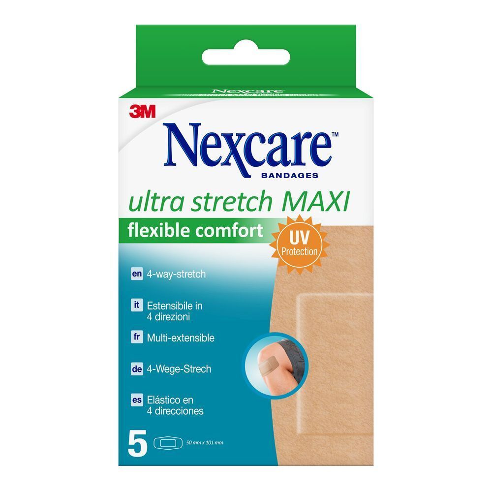 Nexcare Ultra Stretch MAXI Pflasterpackung. 5 Stück. 4-Wege-Stretch. UV-Schutz. Größe 50x101mm.