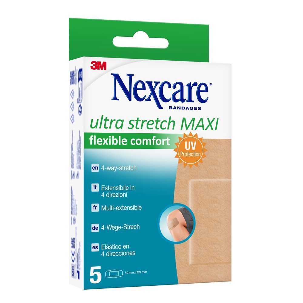 Nexcare Ultra Stretch MAXI Pflasterpackung. 5 Stück. 4-Wege-Stretch. UV-Schutz. Größe 50x101mm.