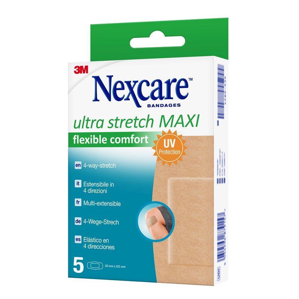 Nexcare Ultra Stretch MAXI Pflasterpackung. 5 Stück. 4-Wege-Stretch. UV-Schutz. Größe 50x101mm.