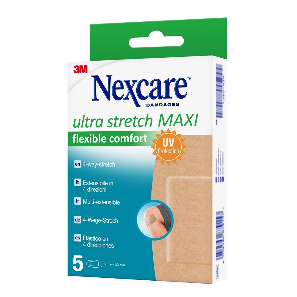 Nexcare Ultra Stretch MAXI Pflasterpackung. 5 Stück. 4-Wege-Stretch. UV-Schutz. Größe 50x101mm.