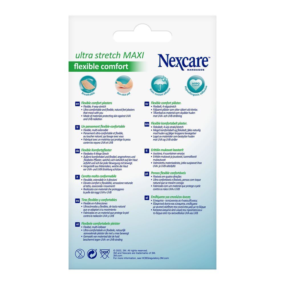 Rückseite der Nexcare Ultra Stretch MAXI Pflasterpackung. Informationen in mehreren Sprachen.
