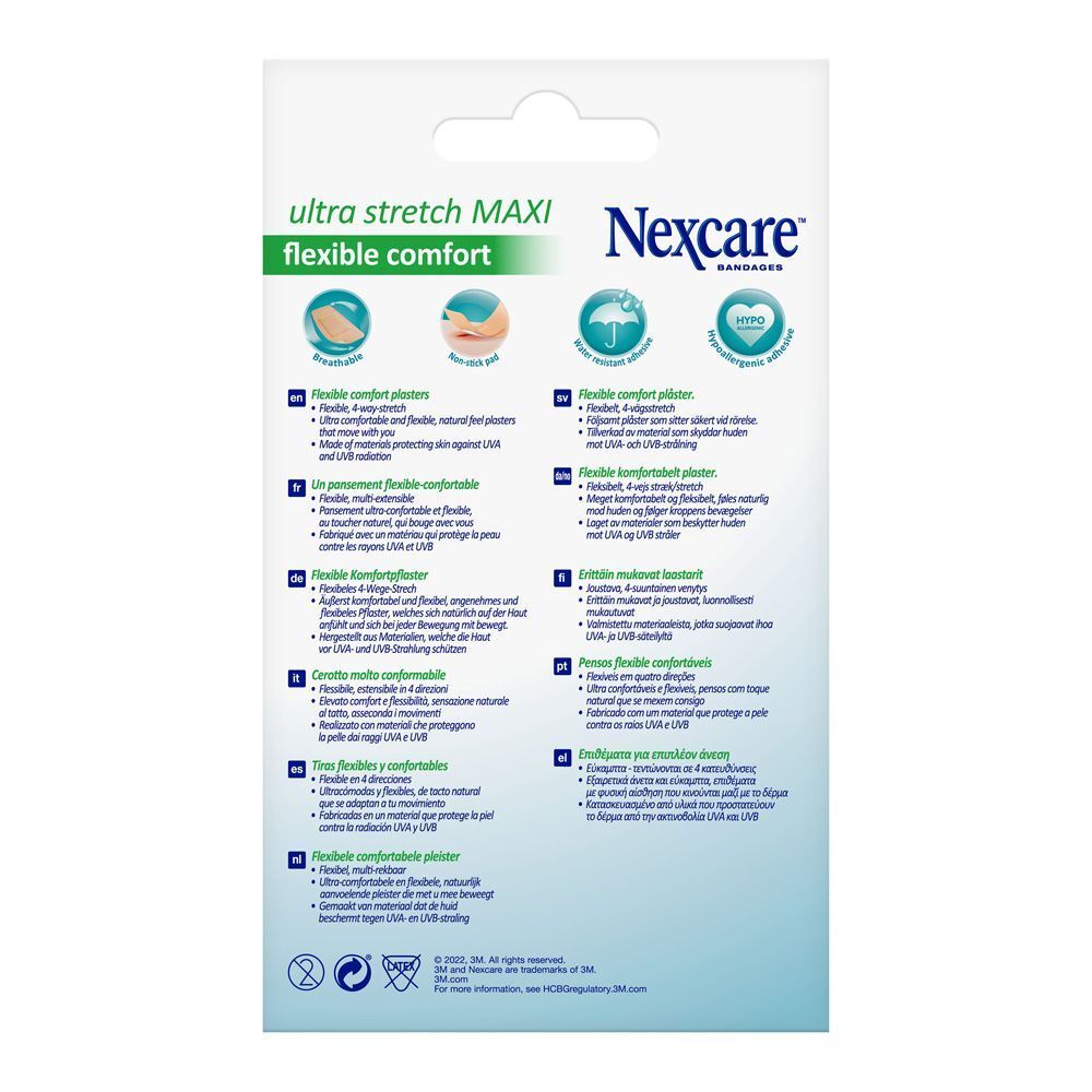 Rückseite der Nexcare Ultra Stretch MAXI Pflasterpackung. Informationen in mehreren Sprachen.