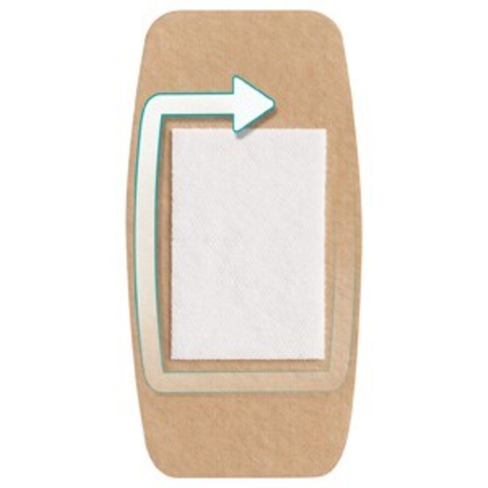 Pflaster von Nexcare Ultra Stretch MAXI. Beige, rechteckig mit abgerundeten Ecken. Weiße Auflage.