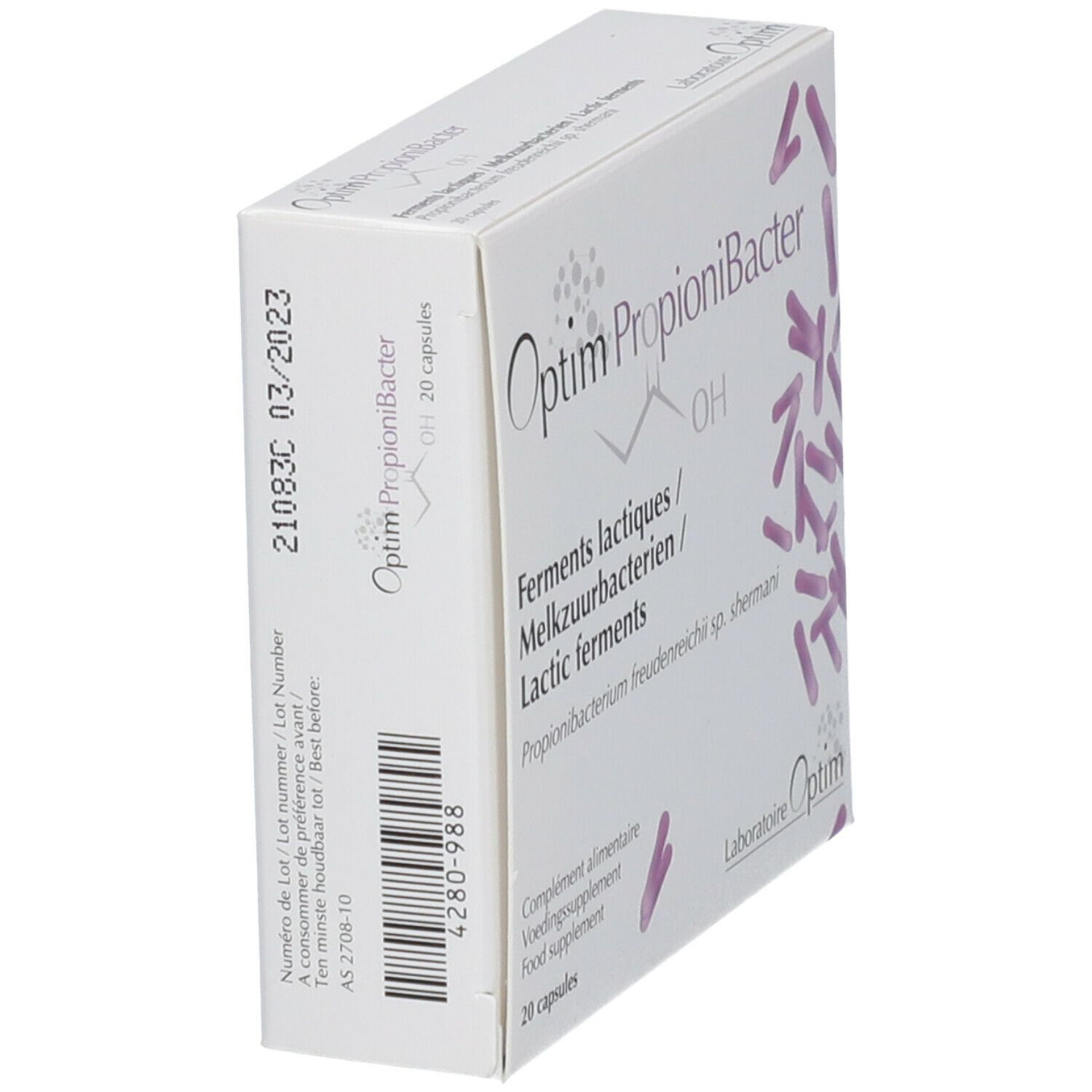 Doos "Optim PropioniBacter" in schuine hoek. Afdruk met houdbaarheidsdatum en batchnummer. 20 capsules.