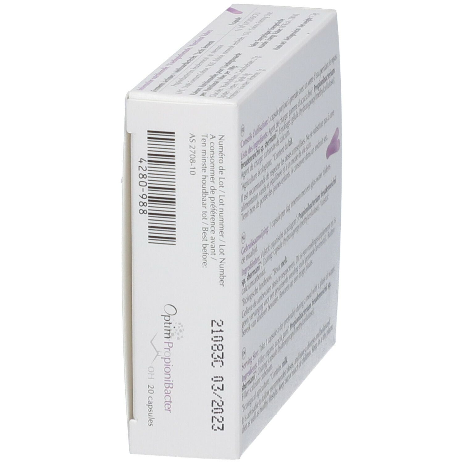 Doos "Optim PropioniBacter" in schuine hoek. Afdruk met houdbaarheidsdatum en batchnummer. 20 capsules.