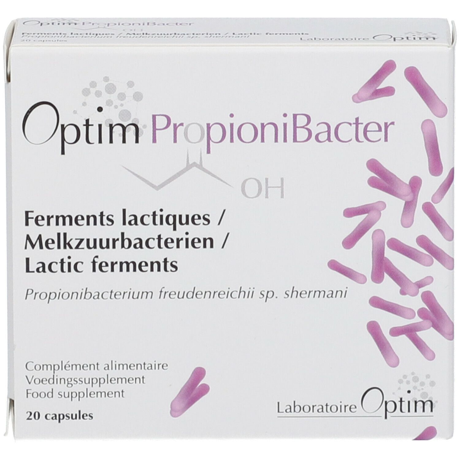 Witte doos "Optim PropioniBacter". Tekst in het Frans, Nederlands en Engels. 20 capsules.
