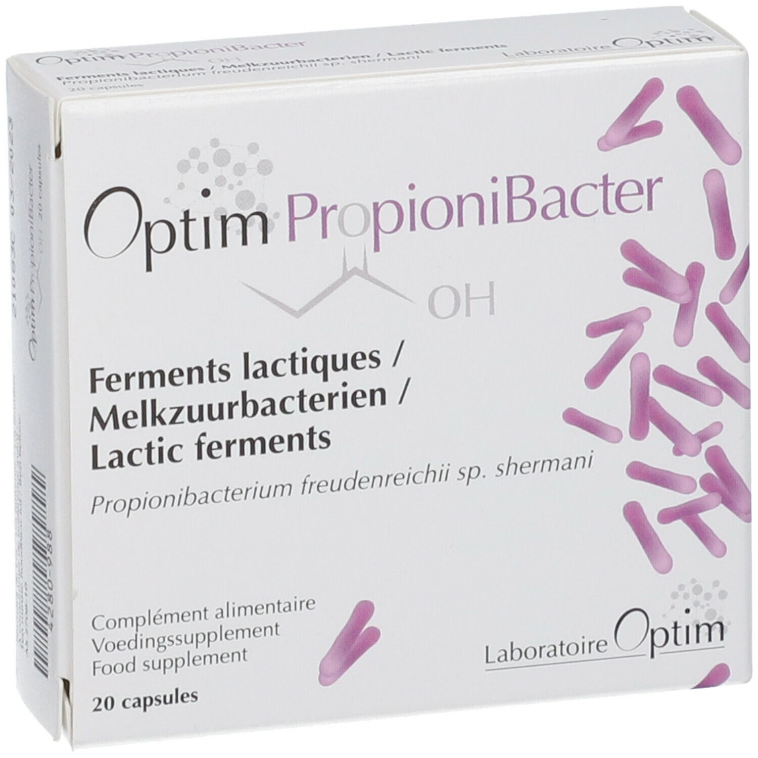 Witte doos "Optim PropioniBacter". Tekst in het Frans, Nederlands en Engels. 20 capsules.