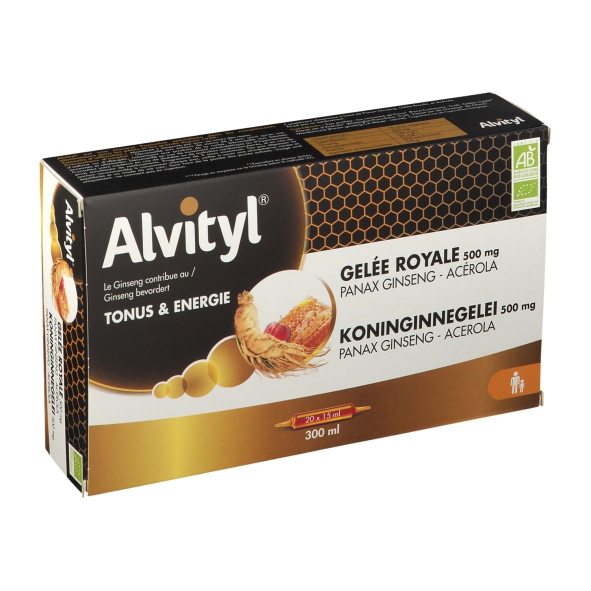 Doos met afbeelding en tekst. Bevat Koninginnengelei, Ginseng en Acerola. AB bio label.