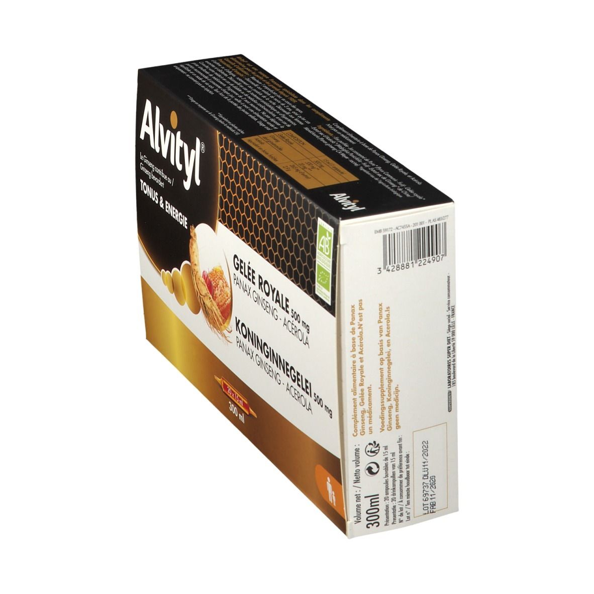 Schuine doos. Bevat Koninginnengelei, Ginseng en Acerola. Tekst en logo zichtbaar.