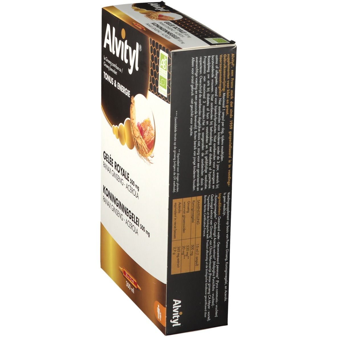 Schuine doos. Bevat Koninginnengelei, Ginseng en Acerola. Tekst en logo zichtbaar.