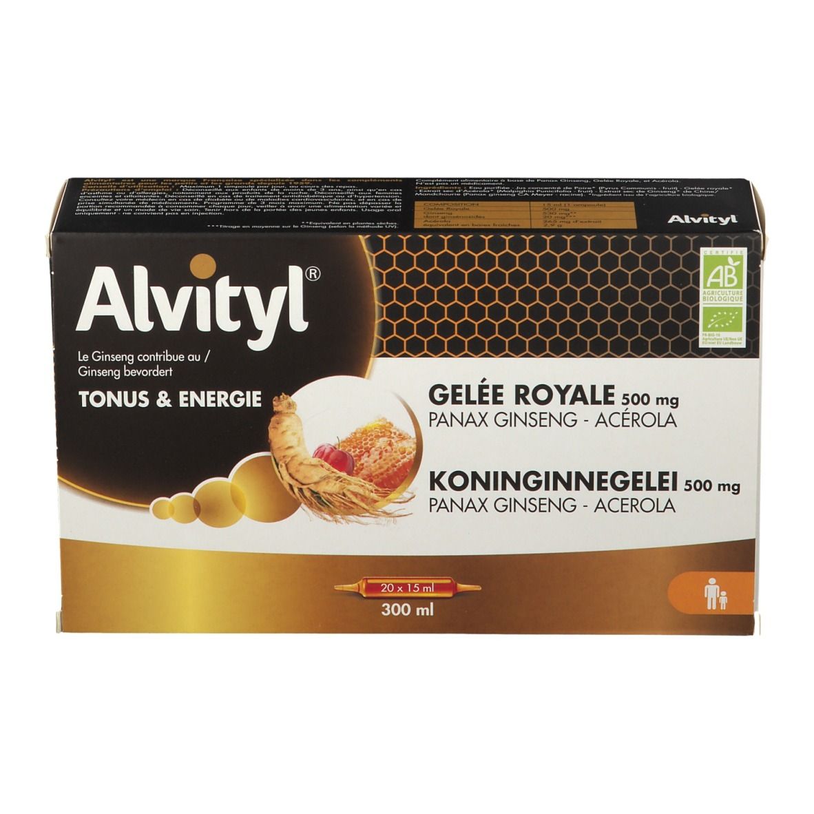 Doos met afbeelding en tekst. Bevat Koninginnengelei, Ginseng en Acerola. AB bio label.