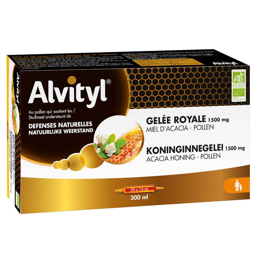 Boîte Alvityl® Gelée Royale. Contient 20 ampoules de 15 ml. Gelée royale, miel d'acacia et pollen. Certification biologique.