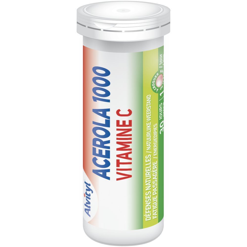 Cilindrische fles Alvityl Acérola 1000 Vitamine C. Witte dop, rode en groene opdruk. Tekst: Acerola 1000, Vitamine C.