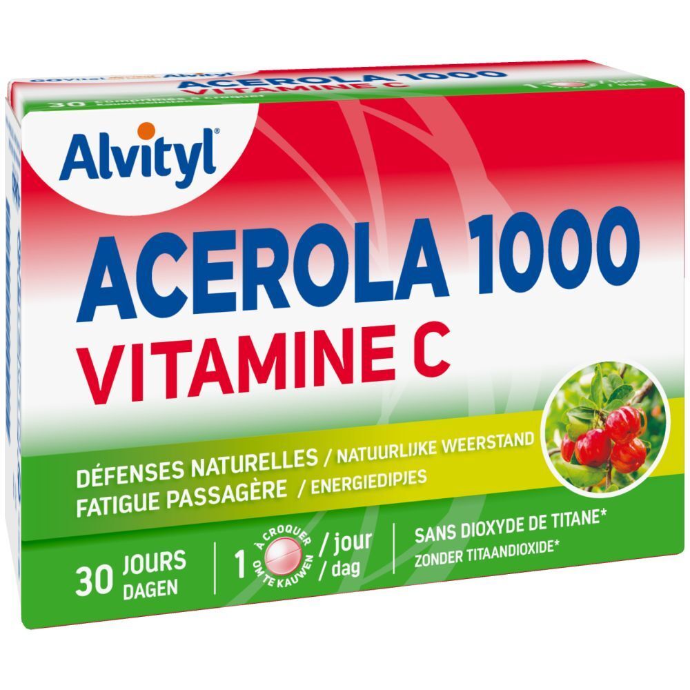 Verpakking Alvityl Acérola 1000 Vitamine C. Rode en witte doos met tekst: Acerola 1000, Vitamine C. 30 tabletten.