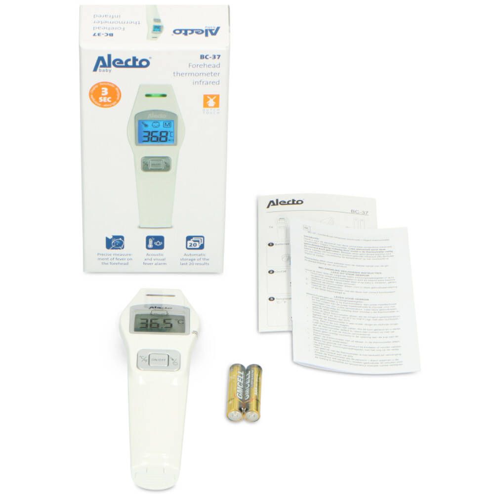 Alecto Stirnthermometer, Verpackung mit Thermometer, Batterien und Anleitungen.