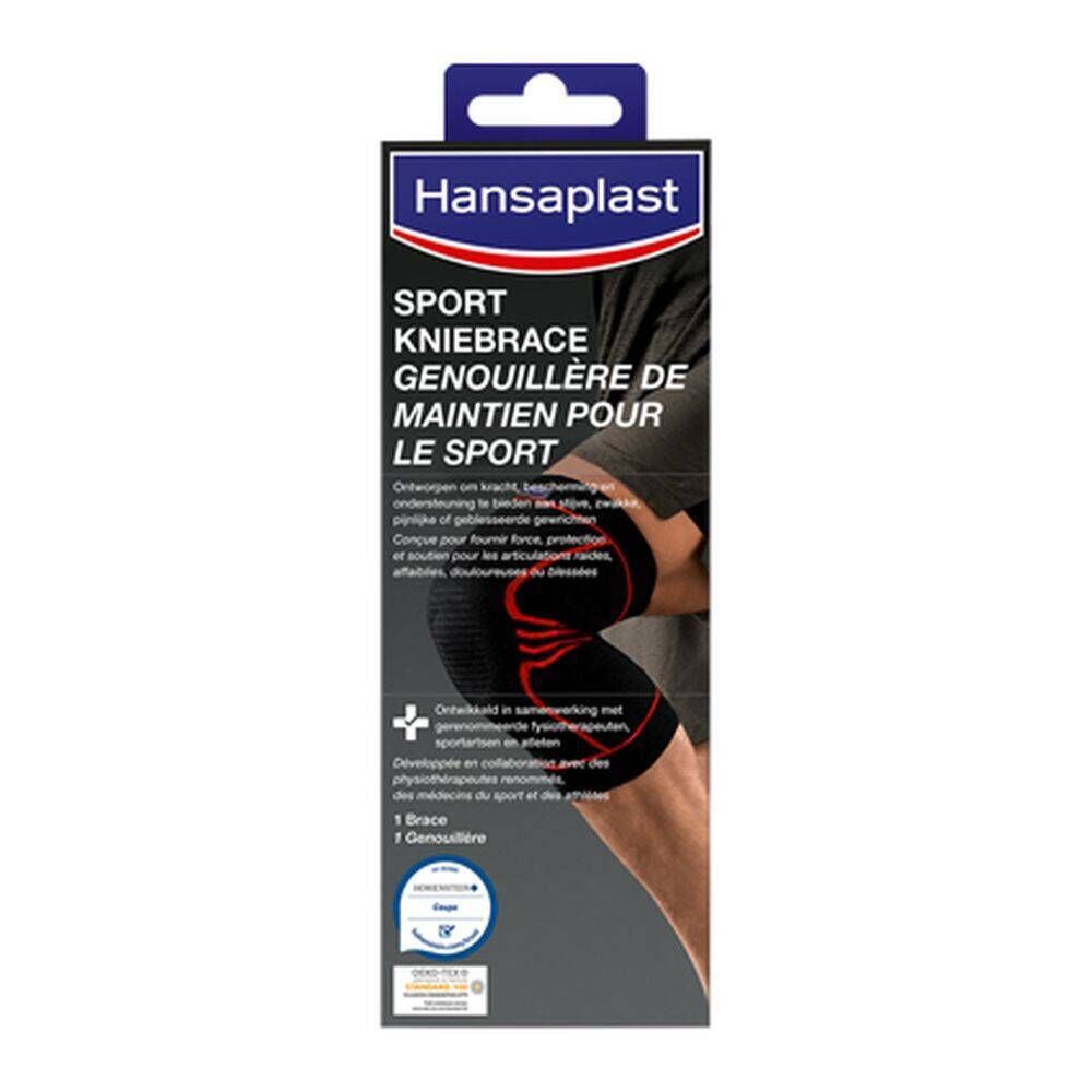 Verpakking van de Hansaplast Sport kniebrace. Zwarte verpakking met productafbeelding en tekst. Logo bovenaan.