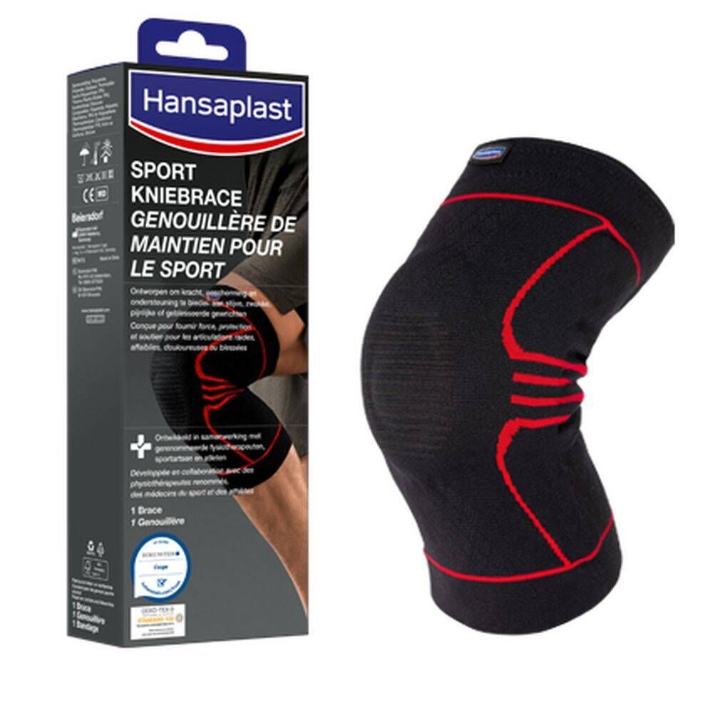 Hansaplast Sport kniebrace en verpakking. Zwart met rode accenten. Verpakking met productafbeelding. Logo bovenaan.
