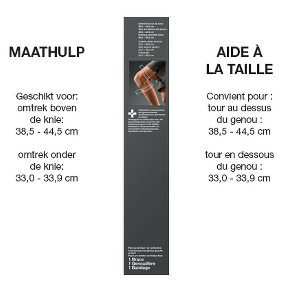 Maattabel voor de Hansaplast kniebrace. Tekst in het Nederlands en Frans. Maten voor bovenbeen en onderbeen.