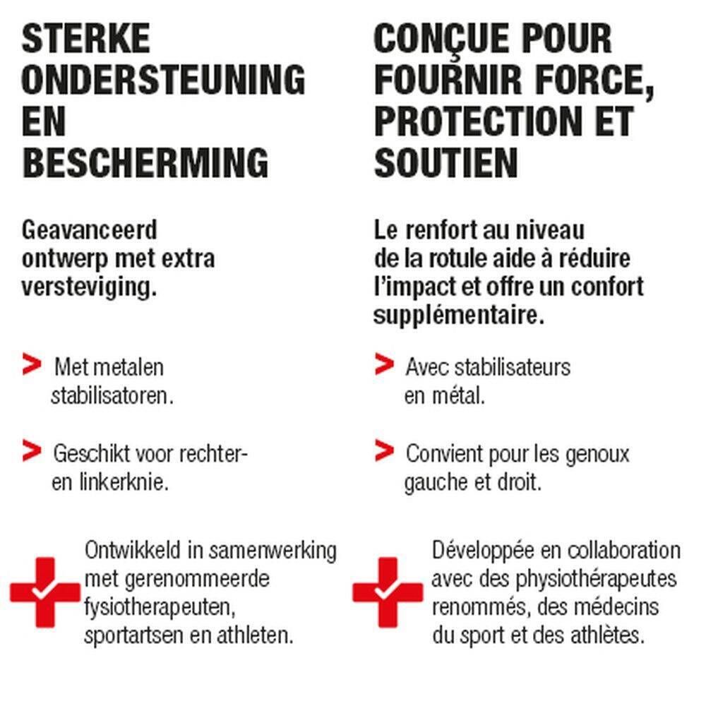 Informatie over de kniebrace. Tekst in het Frans. Beschrijving van eigenschappen en voordelen.