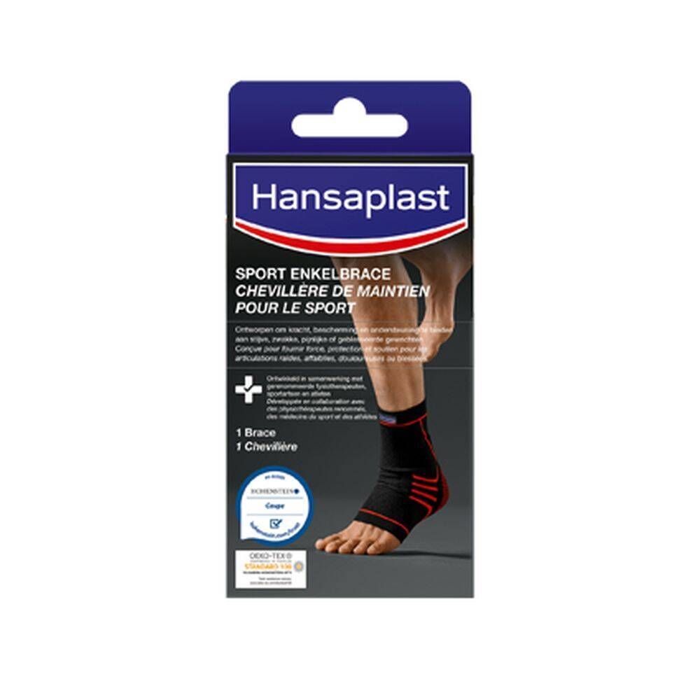 Hansaplast Sport enkelbrace. Zwarte en rode brace in verpakking. Productnaam en logo zichtbaar. Met certificeringen.