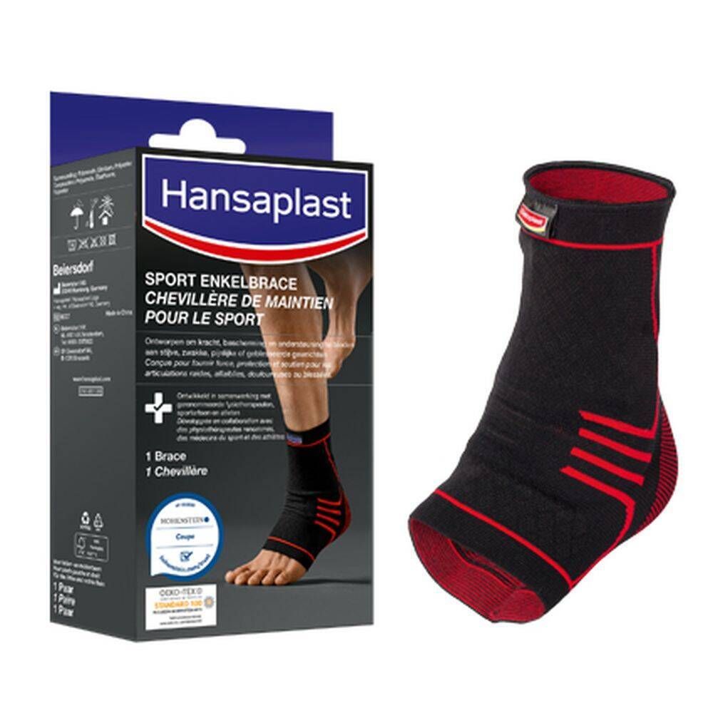 Hansaplast Sport enkelbrace en verpakking. Zwarte en rode brace. Productnaam en logo zichtbaar. Verpakking met illustratie.