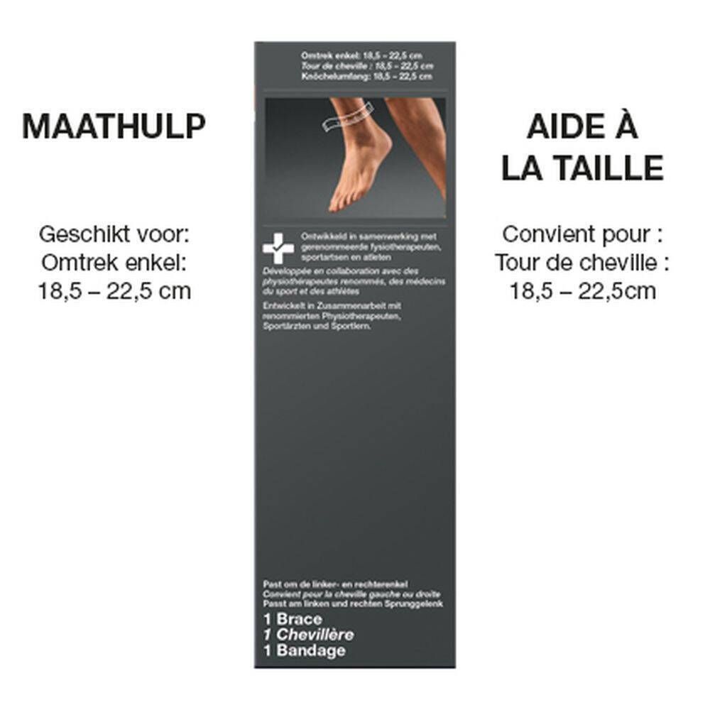 Achterkant van de verpakking. Maatvoering voor enkelomtrek. Tekst in het Nederlands en Frans. Productillustratie.