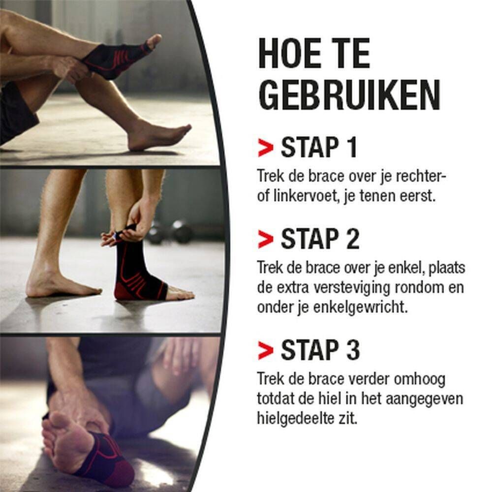 Instructies voor het gebruik van de enkelbrace. Stappen voor het aanbrengen. Illustraties tonen de toepassing.