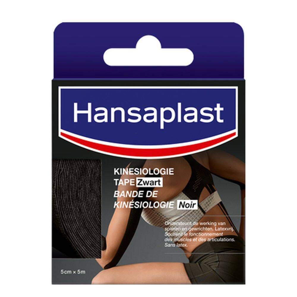 Hansaplast Kinesiologie Tape Zwart. Zwarte tape in doos. Productnaam en logo zichtbaar. 5cm x 5m.