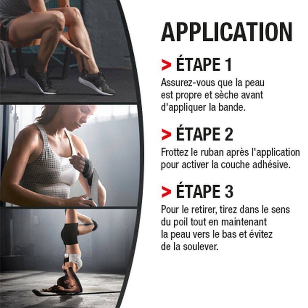 Illustration : étapes d'application du kinésiologie tape. Étapes 1-3. Nettoyer la peau, appliquer le tape, retirer le tape.